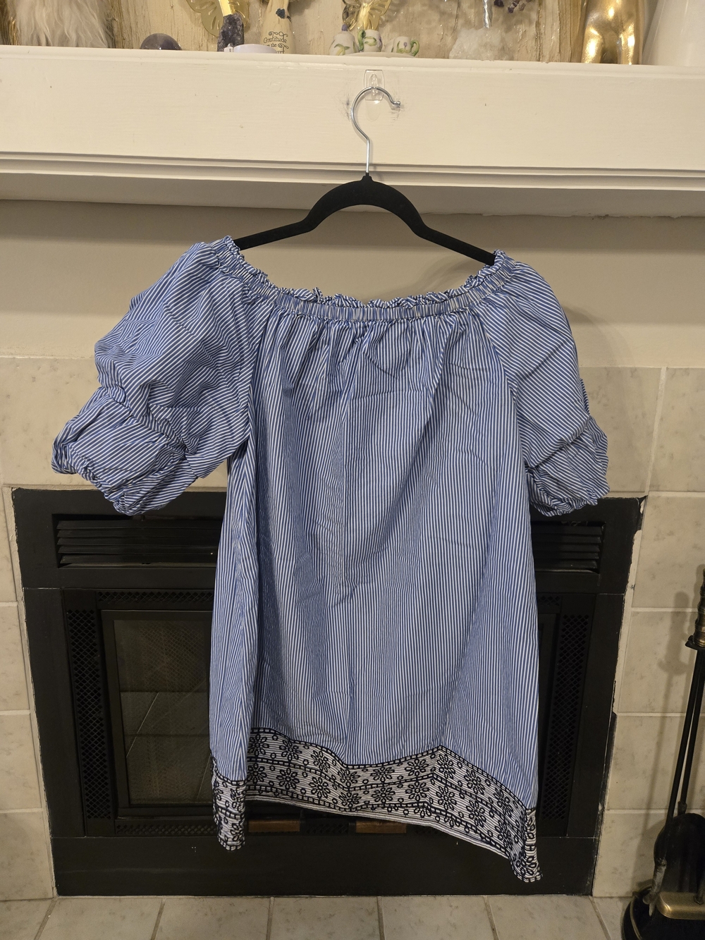 Blue Striped Off-Shoulder Casual Dress with Embroidered Hem